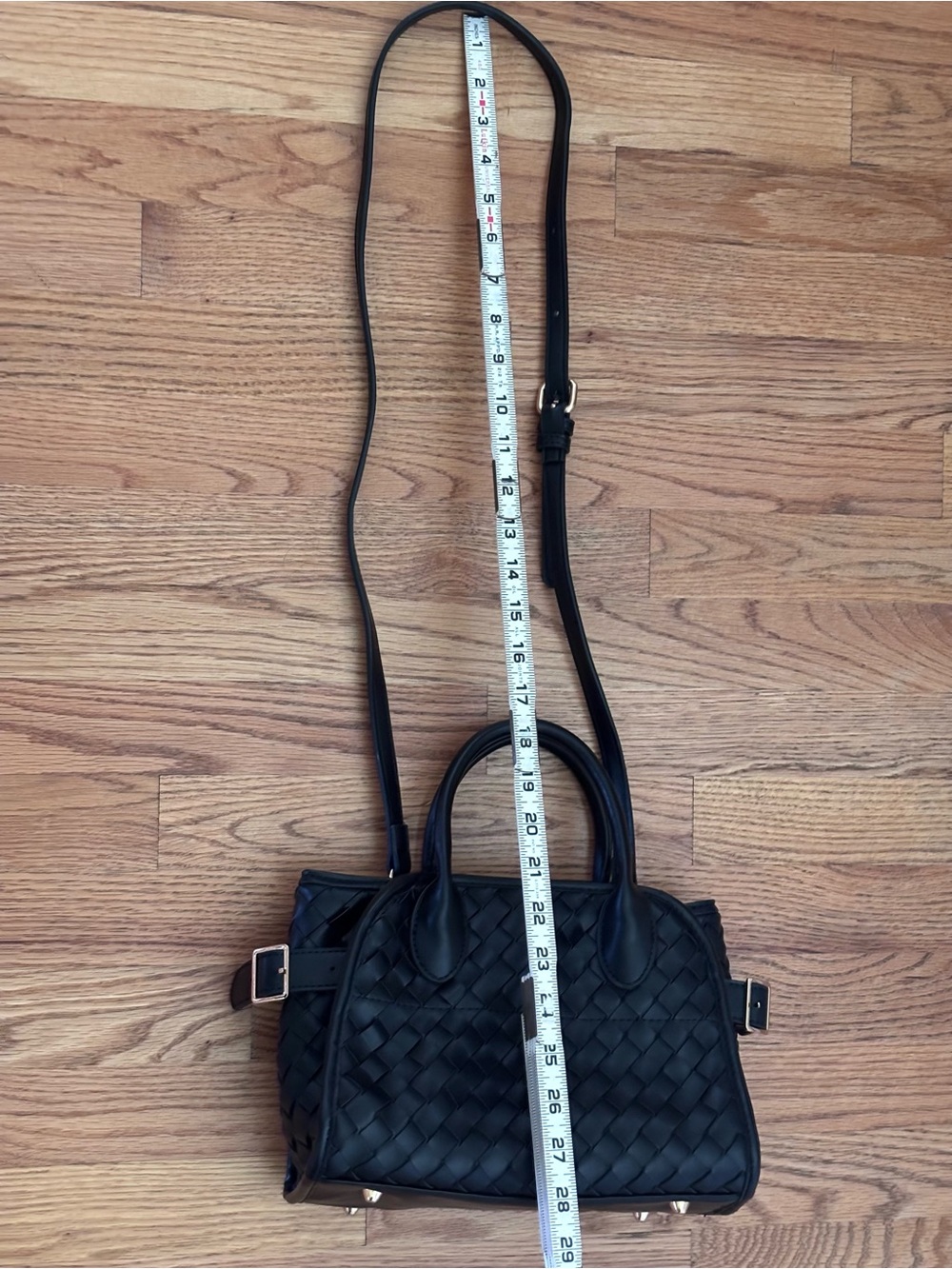 Woven Faux Leather Satchel Top Handle Crossbody Bag Black Minimalist Like New - Picture 11 of 11